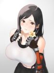  1girl absurdres arm_guards bangs black_hair black_skirt breasts earrings elbow_gloves final_fantasy final_fantasy_vii final_fantasy_vii_remake fingerless_gloves flower gloves highres holding holding_flower jewelry large_breasts long_hair looking_at_viewer midriff_peek minoru_amayi navel parted_lips red_eyes skirt solo suspender_skirt suspenders tank_top tifa_lockhart undershirt white_tank_top wrist_guards 