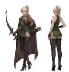  1girl absurdres arrow_(projectile) blonde_hair boots bow cloak dermiss elf fantasy green_eyes hand_on_hip highres holding holding_bow multiple_views original pointy_ears ponytail quiver standing thigh-highs thigh_boots white_background 