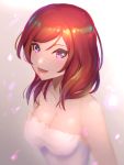  1girl bare_shoulders chinese_commentary dress idol lanzer looking_at_viewer love_live! love_live!_school_idol_project medium_hair nishikino_maki open_mouth redhead smile solo violet_eyes white_dress 