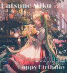  1girl bangs character_name dated dress feet_out_of_frame flower flower_shop green_eyes green_hair hair_over_shoulder hair_ribbon hairband hatsune_miku highres holding holding_flower long_hair maccha_(mochancc) plant potted_plant red_dress red_ribbon ribbon shop sleeves_past_elbows solo standing twintails very_long_hair vocaloid yellow_flower 