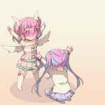 &gt;:) 2girls \o/ arms_up ayasaka bang_dream! bangs blue_hair choker commentary_request detached_sleeves dress gradient gradient_background hair_bobbles hair_ornament head_wings jacket long_hair maruyama_aya multicolored_hair multiple_girls nyubara_reona nyuubara_reona outstretched_arms pink_choker pink_hair purple_skirt seiza sitting skirt standing tan_background thigh-highs twintails two-tone_hair v-shaped_eyebrows visor white_jacket white_legwear white_wings wings