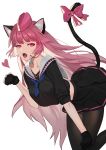  1girl :o absurdres android animal_ear_fluff animal_ears black_gloves black_legwear black_serafuku black_skirt blue_neckwear blush cat_ears cat_tail dutch_angle fangs garrison_cap girls_frontline gloves hat heart highres long_hair looking_at_viewer microphone neckerchief ntw-20_(girls_frontline) open_mouth pantyhose paw_pose pink_hair pink_ribbon pleated_skirt red_eyes revision ribbon sailor_collar school_uniform serafuku simple_background skirt slit_pupils sobi_(dnenqkswja) solo tail tail_ribbon very_long_hair white_background 