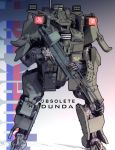  copyright_name glowing gun highres holding holding_gun holding_weapon ishiwata_makoto looking_to_the_side mecha military no_humans obsolete obsolete_redundant rniex-03_exult solo standing weapon wheel 