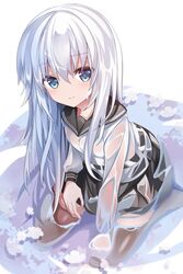  1girl black_legwear blue_eyes fathom hibiki_(kantai_collection) highres kantai_collection long_hair long_sleeves looking_at_viewer partially_submerged petals petals_on_liquid school_uniform serafuku smile solo thigh-highs verniy_(kantai_collection) water wet wet_clothes white_hair 