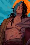  1boy bare_chest belt black_hair black_sclera blood blood_on_face blue_hair blue_sky closed_mouth clouds collarbone contrast highres kayn league_of_legends licking long_hair male_focus multicolored multicolored_hair navel outdoors red_eyes rope_belt sky slit_pupils solo tongue tongue_out vixen_z6 yellow_eyes 