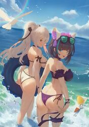  2girls animal_ears aqua_eyes arm_garter ass azur_lane bikini bird black_hair blue_hair blue_sky breasts brown_eyes cat_ears cheshire_(azur_lane) cheshire_(summery_date!)_(azur_lane) cirilla clouds detached_sleeves drake_(azur_lane) drake_(the_golden_hind&#039;s_respite)_(azur_lane) eyewear_on_head fake_animal_ears hair_ribbon highres innertube large_breasts leg_garter manjuu_(azur_lane) multicolored_hair multiple_girls ocean ponytail purple_bikini revision ribbon scenery seagull see-through sky strapless strapless_bikini string_bikini surfboard swimsuit tinted_eyewear tongue tongue_out wading waves white_bikini white_hair 