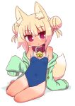  1girl :o animal_ear_fluff animal_ears bare_legs bare_shoulders barefoot bell bell_collar blonde_hair blue_swimsuit blush brown_collar collar commentary_request competition_school_swimsuit covered_navel double_bun drawstring fox_ears fox_girl fox_tail green_jacket groin highres jacket jingle_bell kemomimi-chan_(naga_u) long_sleeves looking_at_viewer naga_u off_shoulder one-piece_swimsuit open_clothes open_jacket original parted_lips shadow sidelocks sitting sleeves_past_fingers sleeves_past_wrists solo swimsuit tail tan tanline white_background yokozuwari 
