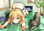  1girl ahoge all_fours animal artoria_pendragon_(all) barefoot bed_sheet black_cat blonde_hair blurry candy cat cat_day cat_stretch commentary_request eyebrows_visible_through_hair fate/stay_night fate_(series) food green_eyes hellnyaa highres konpeitou revision saber short_hair smile solo stretch symmetrical_pose 