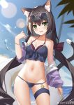  1girl animal_ears bikini black_hair blush bow bowtie bracelet breasts cat_ears cat_tail contrapposto cowboy_shot duan_zhu eyewear_on_head fang green_eyes halterneck highres jewelry karyl_(princess_connect!) long_hair low_twintails multicolored_hair navel open_mouth outdoors princess_connect! princess_connect!_re:dive sketch skin_fang small_breasts solo streaked_hair sunglasses swimsuit tail thigh_strap twintails very_long_hair weibo_username 