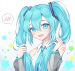  1girl :d bangs bare_shoulders blue_eyes blue_hair blue_neckwear blush collared_shirt commentary detached_sleeves eyebrows_visible_through_hair gradient gradient_background grey_background grey_sleeves hair_between_eyes hair_ornament hands_up hatsune_miku holding holding_hair long_hair long_sleeves looking_at_viewer necktie open_mouth pong_(vndn124) puffy_long_sleeves puffy_sleeves see-through see-through_sleeves shirt sleeveless sleeveless_shirt smile solo sparkle spoken_blush starry_background twintails upper_body upper_teeth vocaloid white_background white_shirt 