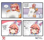  2girls :&lt; :3 =3 anger_vein angry animal_ear_fluff animal_ears apron bell bell_collar cat_paws collar cosplay dual_persona english_text engrish_text fangs fate/grand_order fate_(series) fou_(fate/grand_order) fou_(fate/grand_order)_(cosplay) fox_ears fox_girl fox_tail fur-trimmed_skirt fur_trim gloves hair_ribbon highres jingle_bell keita_naruzawa laughing long_hair multiple_girls open_mouth paw_gloves paw_shoes paws pink_hair ponytail ranguage red_ribbon ribbon shoes skirt speech_bubble stained_sheets stifled_laugh tail tamamo_(fate)_(all) tamamo_cat_(fate) tears yellow_eyes 
