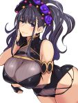  1girl black_hair breast_hold breasts fate/grand_order fate_(series) gloves highres kuronyan large_breasts long_hair murasaki_shikibu_(fate) murasaki_shikibu_(swimsuit_rider)_(fate) one-piece_swimsuit partly_fingerless_gloves sweatdrop swimsuit violet_eyes white_background 