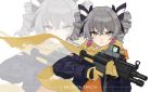  1girl absurdres bangs blue_jacket bow bronya_zaychik character_name check_commentary commentary_request crossed_bangs drill_hair earrings finger_on_trigger gloves grey_eyes grey_hair gun hair_bow highres holding holding_gun holding_weapon honkai_(series) honkai_impact_3rd jacket jewelry long_hair long_sleeves looking_at_viewer scarf serious sidelocks solo tutou_jiang twin_drills weapon weapon_request yellow_gloves yellow_scarf 