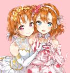  2girls :d absurdres ahoge alternate_hairstyle arm_around_waist bangs blue_eyes collarbone copyright_name detached_collar dress earrings elbow_gloves eyebrows_visible_through_hair flower gloves hair_flower hair_ornament hair_ribbon heart heart_hands heart_print highres holding_hands jewelry kousaka_honoka looking_at_viewer love_live! love_live!_school_idol_project love_live!_sunshine!! multiple_girls open_mouth pink_background pink_dress pink_flower pink_gloves ribbon short_hair side_bun sidelocks simple_background smile takami_chika takenoko_no_you thank_you_friends!! twintails violet_eyes white_dress white_gloves white_ribbon yellow_flower 