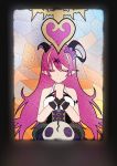  1girl asymmetrical_horns closed_eyes demon_horns hair_ribbon hands_clasped hololive horns mano_aloe own_hands_together pink_hair ribbon stained_glass 