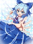  1girl argyle argyle_background blue_dress blue_eyes blue_hair cirno clenched_hand cowboy_shot dress dutch_angle foreshortening highres ice ice_wings mimottei neck_ribbon open_hand open_mouth outstretched_arm puffy_short_sleeves puffy_sleeves ribbon short_hair short_sleeves solo touhou wings 