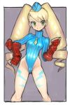 1girl big_hair blonde_hair blush breasts cammy_white cammy_white_(cosplay) capcom cosplay dakusuta drill_hair fingerless_gloves garrison_cap gloves green_eyes hand_on_hip hat highleg highleg_leotard highres leotard long_hair ribbed_leotard rockman ryuusei_no_rockman shirogane_luna simple_background smile solo street_fighter twin_drills twintails