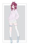  1girl alternate_costume blue_eyes choker hand_in_pocket highres hood hoodie looking_to_the_side macross macross_delta mirage_farina_jenius pink_hoodie pointy_ears purple_hair single_thighhigh skirt solo thigh-highs thigh_strap tied_hair white_skirt yozorashi 