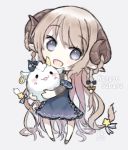  1girl :d animal animal_ears bare_shoulders blue_bow blue_dress blush bow braid brown_bow brown_hair capriccio character_name chibi commentary_request curled_horns dated dress full_body grey_background grey_eyes hair_bow hair_ornament holding holding_animal horns indie_virtual_youtuber long_hair looking_at_viewer nanase_subaru off-shoulder_dress off_shoulder open_mouth sheep_ears signature simple_background smile solo standing star_(symbol) star_hair_ornament twin_braids very_long_hair virtual_youtuber 