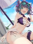  1girl ;d aqua_eyes azur_lane bangs bikini black_choker black_hair blue_hair blue_sky blunt_bangs breasts cheshire_(azur_lane) cheshire_(summery_date!)_(azur_lane) choker clouds commentary_request day eyebrows_visible_through_hair eyewear_on_head fang hair_ornament large_breasts leg_garter looking_at_viewer multicolored_hair navel one_eye_closed open_mouth parasol shiruko27anko short_hair sitting skin_fang sky smile solo sunglasses swimsuit thighs two-tone_hair umbrella 