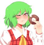  1girl ascot blush collared_shirt doughnut eating eyebrows_visible_through_hair food holding holding_food kazami_yuuka lanalopez92 long_sleeves looking_at_viewer one_eye_closed plaid plaid_vest portrait red_eyes shirt short_hair solo touhou vest white_background white_shirt yellow_neckwear 