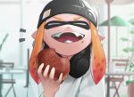  1girl :d absurdres blurry blurry_background closed_eyes commentary debi eating fangs film_grain food food_on_face hamburger hat headphones headphones_around_neck highres holding holding_food inkling open_mouth orange_hair smile solo splatoon_(series) tentacle_hair upper_body 