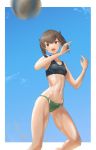  1girl abs alternate_costume blue_sky breasts brown_eyes brown_hair hands_up highres kantai_collection looking_away muscle navel open_mouth short_hair sky small_breasts sport sports_bikini sportswear sweat sweatdrop swimsuit taihou_(kantai_collection) thick_thighs thighs tsukira_(amayadori) 