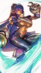  1girl android bangs blunt_bangs breasts dark_skin dgrp_(minhduc12333) energy_blade energy_sword english_commentary hair_over_one_eye headgear hime_cut holding holding_weapon jumping large_breasts layer_(rockman) long_hair mole mole_under_eye navel open_mouth purple_hair robot_ears rockman rockman_x simple_background sword under_boob weapon 