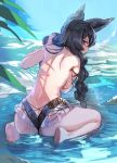  1girl animal_ears ass back bangs bare_shoulders black_hair black_swimsuit blush bow_(bhp) braid breasts erune granblue_fantasy large_breasts long_hair looking_at_viewer looking_back nier_(granblue_fantasy) ocean red_eyes shore sitting swimsuit thighs twin_braids wariza water 