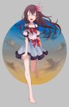  1girl barefoot blue_skirt brown_hair closed_eyes clouds commentary_request facing_viewer full_body gradient_sky grey_background hair_ornament highres kantai_collection kisaragi_(kantai_collection) kujiramaru long_hair official_alternate_costume sailor_collar sailor_shirt shirt simple_background skirt sky smile solo striped striped_skirt white_shirt 
