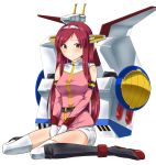  1girl absurdres brown_eyes gundam hairband highres i.takashi kantai_collection light_blush light_smile long_hair looking_to_the_side mecha_musume mobile_suit_gundam parody personification redhead seiza sitting solo style_parody thigh-highs uniform 