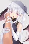 breasts china_dress chinese_clothes commentary_request demon_girl demon_wings doyachii dress elbow_gloves fang gloves hair_ornament highres holding_arm long_hair looking_at_viewer open_mouth original partial_commentary red_eyes simple_background twintails vampire white_hair wings 