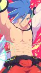  1boy abs absurdres bara blue_eyes blue_hair bulge chest galo_thymos highres kuroshinki long_hair looking_at_viewer male_focus muscle navel nipples pants pectorals promare shirtless smile solo spiky_hair upper_body veins 