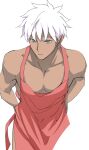  1boy apron archer closed_mouth collarbone dark_skin dark_skinned_male emya eyebrows_visible_through_hair fate/stay_night fate_(series) grey_eyes looking_down male_cleavage male_focus naked_apron pink_apron simple_background solo tying white_background white_hair 