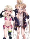  2girls abigail_williams_(fate/grand_order) abigail_williams_(swimsuit_foreigner)_(fate) bangs bare_shoulders bikini black_bow black_cat black_gloves black_jacket black_legwear blonde_hair blue_eyes blush bow braid braided_bun breasts cat closed_mouth double_bun dress_swimsuit elbow_gloves fate/grand_order fate_(series) forehead gloves highres illyasviel_von_einzbern illyasviel_von_einzbern_(swimsuit_archer)_(fate) jacket keyhole leaning_forward long_hair looking_at_viewer mitre multiple_bows multiple_girls nyaa_kitsune off_shoulder open_clothes open_jacket open_mouth orange_bow parted_bangs partly_fingerless_gloves paw_pose pink_bikini red_eyes sidelocks simple_background single_thighhigh small_breasts smile swimsuit thigh-highs thighs twintails very_long_hair wavy_mouth white_background white_hair white_headwear white_swimsuit 