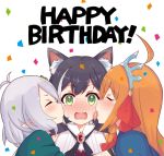  3girls ahoge animal_ear_fluff animal_ears antenna_hair bangs black_hair blush breasts cat_ears cheek_kiss closed_eyes confetti elf face_licking fang green_eyes happy_birthday k-y karyl_(princess_connect!) kiss kokkoro_(princess_connect!) large_breasts licking long_hair looking_at_viewer multicolored_hair multiple_girls neck_ribbon nose_blush orange_hair pecorine pointy_ears profile puffy_sleeves red_ribbon ribbon shiny shiny_hair shiny_skin silver_hair simple_background sleeveless streaked_hair tiara tongue tongue_out upper_body white_background 