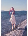  1girl a-maru_(aaa_circle0110) alternate_costume beach breasts day gingham jun&#039;you_(kantai_collection) kantai_collection large_breasts long_hair ocean open_mouth outdoors purple_hair shirt skirt sky sleeveless sleeveless_shirt solo spiky_hair standing violet_eyes white_skirt 