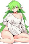  1girl alternate_costume aoba_(guardian_tales) blush breasts collarbone commentary copyright_request green_hair guardian_tales hair_over_one_eye hand_under_clothes hand_under_shirt highres large_breasts lifted_by_self long_hair long_sleeves looking_at_viewer naked_shirt ndgd neet_aoba_(guardian_tales) oversized_clothes oversized_shirt pointy_ears shirt shirt_lift simple_background sitting solo very_long_hair violet_eyes white_background white_shirt 