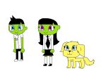  1boy 2girls black_pants black_skirt black_tie blonde_fur blue_eyes dog golden_retriever green_skin mary_janes pink_eyes puppy standing white_shirt 