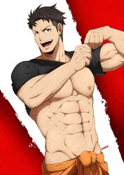  1boy abs absurdres akitaru_oubi bara black_hair brown_eyes chest en&#039;en_no_shouboutai flexing groin highres hip_bones kuroshinki male_focus muscle navel nipples pectorals pose short_hair solo undressing upper_body veins 