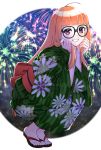  1girl absurdres ahoge bangs black-framed_eyewear blonde_hair blunt_bangs fireworks floral_print full_body glasses green_kimono grin highres holding holding_hair japanese_clothes kimono long_hair long_sleeves looking_at_viewer obi persona persona_5 print_kimono renefu sakura_futaba sash shiny shiny_hair smile solo squatting straight_hair very_long_hair violet_eyes white_background yukata 