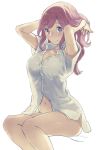  1girl aisutabetao breasts hands_in_hair large_breasts looking_at_viewer macross macross_delta makina_nakajima navel no_pants purple_hair smile solo thick_thighs thighs violet_eyes 