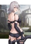  1girl arm_strap ass bangs bare_shoulders black_gloves blue_eyes breasts butt_crack commentary_request cowboy_shot elbow_gloves expulse eyebrows_visible_through_hair from_behind gloves large_breasts looking_at_viewer looking_back midriff nier_(series) nier_automata short_hair silver_hair solo standing thighs yorha_type_a_no._2 