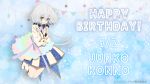  1girl blazer blue_eyes boots commentary_request eyebrows_visible_through_hair full_body hair_between_eyes happy_birthday highres holding holding_microphone idol jacket jumping knee_boots konno_junko layered_skirt long_hair long_sleeves looking_at_viewer low_twintails microphone official_art skirt solo twintails white_footwear white_hair white_jacket zombie_land_saga 