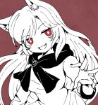  1girl animal_ears brooch brown_background brown_eyes brown_theme dress eyebrows_visible_through_hair fang fingernails imaizumi_kagerou jewelry long_fingernails long_hair looking_at_viewer lowres monochrome open_mouth rbfnrbf_(mandarin) simple_background smile solo touhou upper_body wolf_ears 