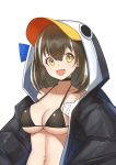  1girl :d animal_hood arknights bangs bikini black_bikini black_choker black_hair black_jacket breasts choker collarbone commentary_request cosplay fate/grand_order fate_(series) hair_between_eyes hood hooded_jacket jacket large_breasts looking_at_viewer magallan_(arknights) meltryllis meltryllis_(swimsuit_lancer)_(fate) meltryllis_(swimsuit_lancer)_(fate)_(cosplay) multicolored_hair navel open_clothes open_jacket open_mouth short_hair simple_background smile solo stomach streaked_hair swimsuit upper_body white_background white_hair yellow_eyes yuzuruka_(bougainvillea) 