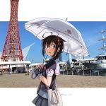  1girl ahoge bag black_gloves black_hair black_serafuku blue_eyes blue_sky braid clouds commentary_request cowboy_shot day fingerless_gloves gloves hair_flaps hair_ornament hair_over_shoulder highres kantai_collection kobe kobe_port_tower neckerchief outdoors parasol photo_background real_world_location red_neckwear remodel_(kantai_collection) school_uniform serafuku shigure_(kantai_collection) ship single_braid sky solo sugue_tettou tower twitter_username umbrella watercraft white_umbrella 