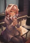  1boy absurdres astolfo_(fate) bangs bench black_legwear black_ribbon braid brown_gloves coffee coffee_cup commentary_request cup disposable_cup eyebrows_visible_through_hair fang fate/apocrypha fate/grand_order fate_(series) gloves hair_between_eyes hair_ornament hair_ribbon highres holding jacket jtleeklm long_hair male_focus pantyhose photoshop_(medium) pink_hair red_scarf revision ribbon scarf sitting skin_fang smile snow solo striped striped_scarf white_scarf 