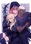  1girl 2boys :/ absurdres artoria_pendragon_(all) black_legwear black_pants black_shirt black_shorts blonde_hair blue_hair closed_mouth cornrows cu_chulainn_(fate)_(all) cu_chulainn_alter_(fate/grand_order) dark_skin emiya_alter facial_mark fate/grand_order fate_(series) frown hair_strand highres hood huge_filesize jewelry long_hair looking_at_viewer moto_(otemoto02) multiple_boys necklace pants ponytail purple_background red_eyes saber_alter shirt shorts smile spikes tail tattoo thigh-highs wet white_hair yellow_eyes 