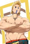  1boy abs bara between_pecs blonde_hair blue_eyes boku_no_hero_academia bubble_tea_challenge bulge chest crossed_arms highres kuroshinki male_focus muscle navel nipples object_on_pectorals pectorals scar shirtless short_hair solo toogata_mirio underwear_peek upper_body veins 